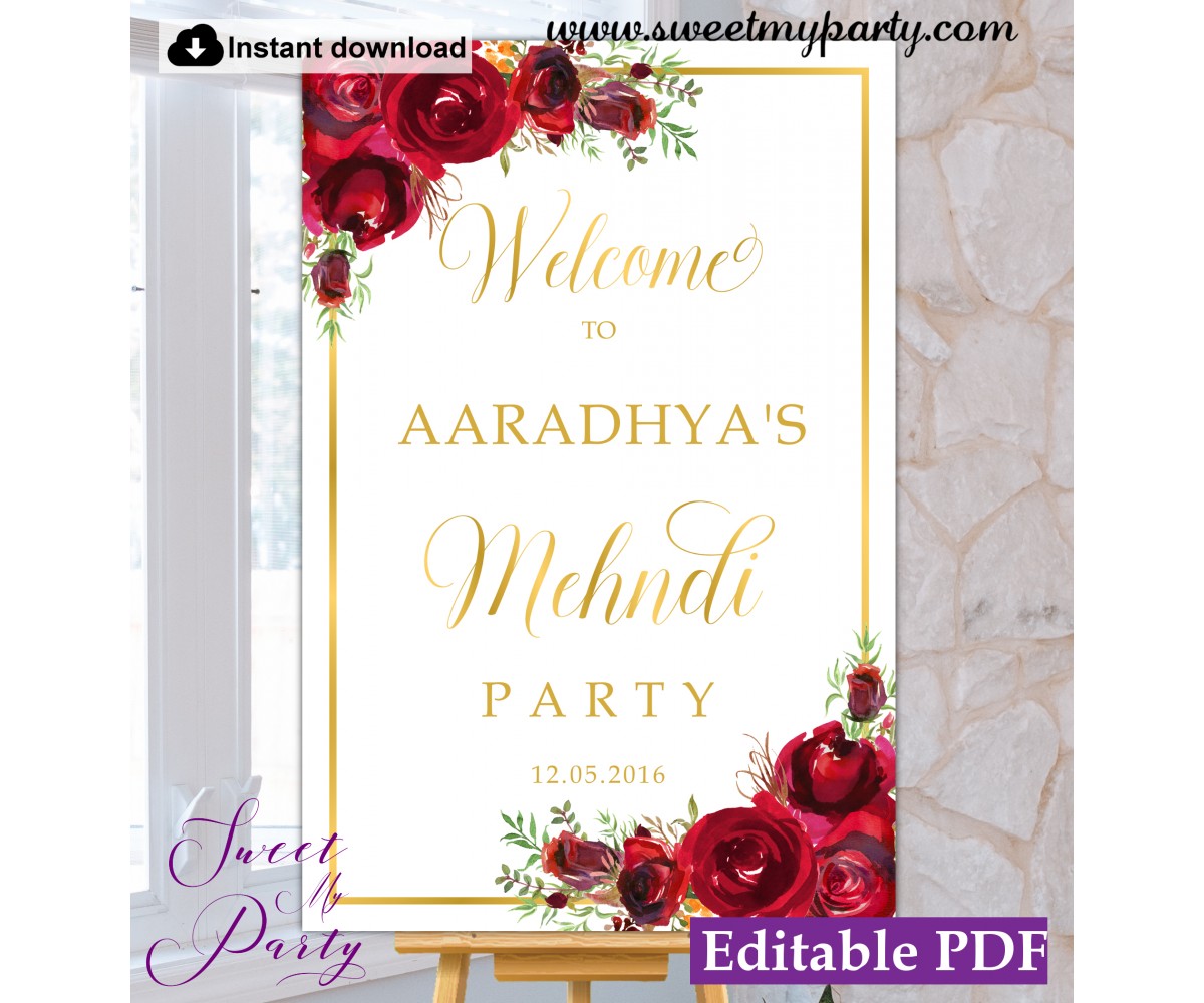 Red Roses Mehndi Party welcome sign,Mehndi Night welcome sign,(16)